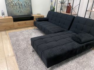 Sofá chaise longue negro terciopelo+mesa de tv