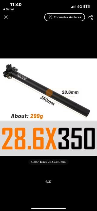 Tija sillín bici 28.6x350mm