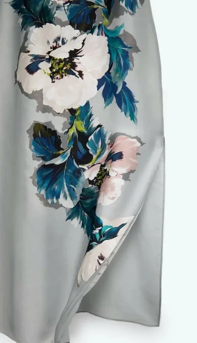 Vestido Lencero Satinado Largo Gris Plata Flores