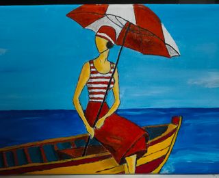 Quadro olio su tela - Donna in barca