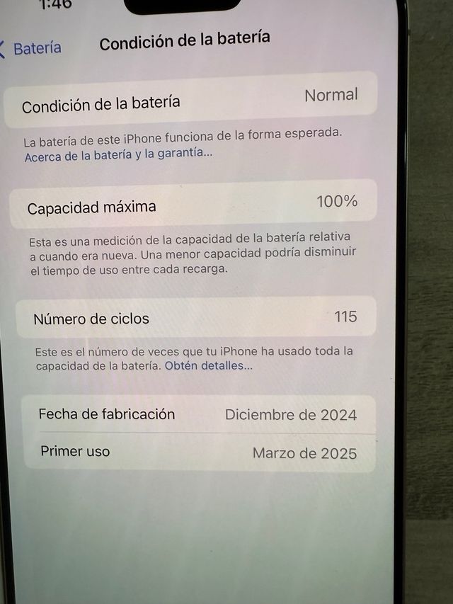 iPhone 16 pro Max 512 17/3/25 117 ciclos factura 