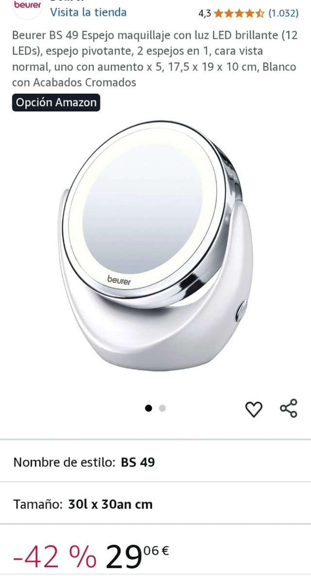 Espejo Beurer c/ luz LED - aumento