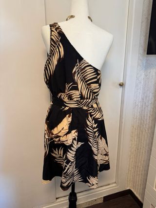 Vestido mujer  negro y beige estampado