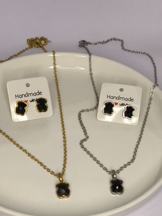 Collar y pendientes oso - Dorado y plateado