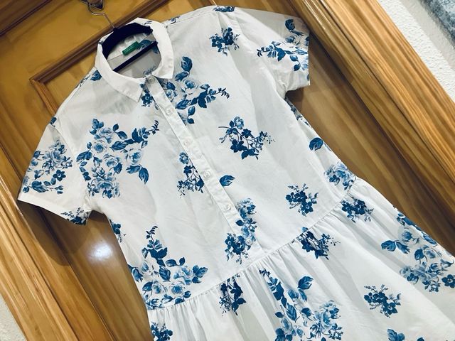 Vestido Camisero Manga Corta Benetton Flores S/M
