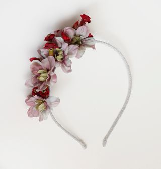 Diadema tocado de flores granate y gris