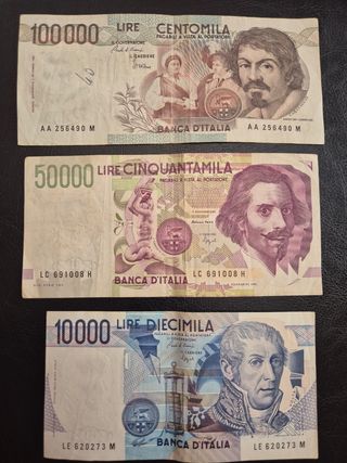 Banconote Italia 100000, 50000, 10000 Lire