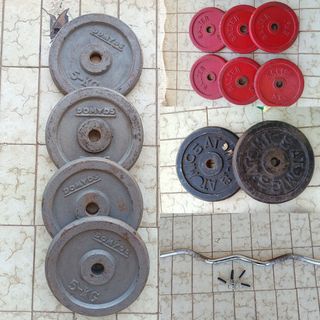 Discos y barra de pesas,material de gym
