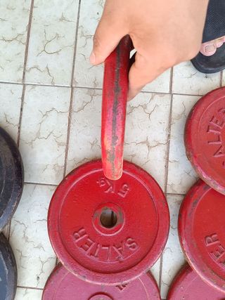 Discos y barra de pesas,material de gym