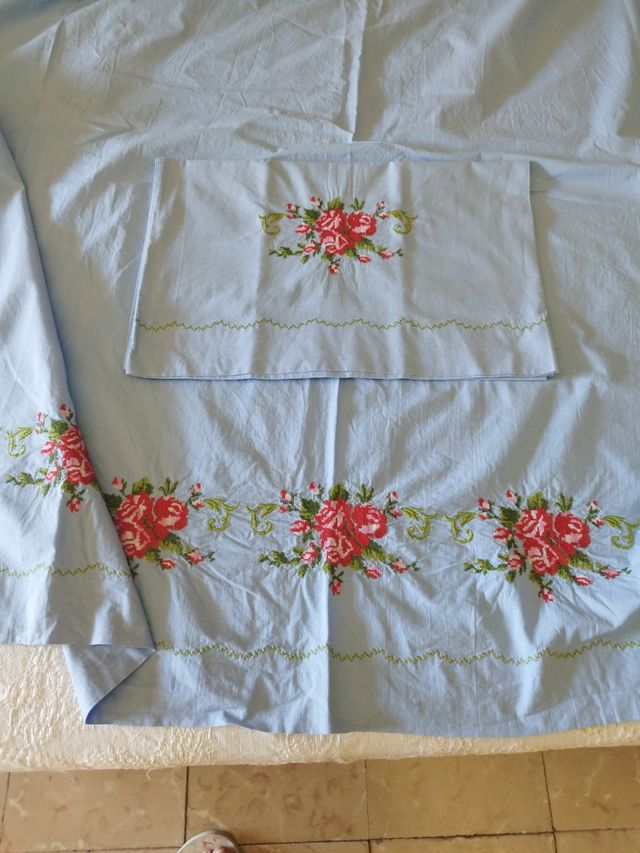 Sábana antigua bordada - Algodón azul