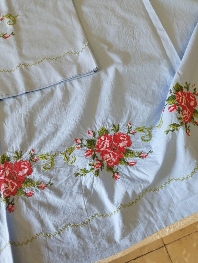 Sábana antigua bordada - Algodón azul