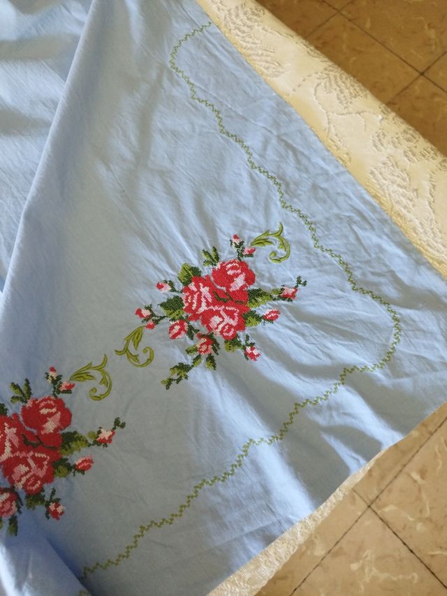 Sábana antigua bordada - Algodón azul