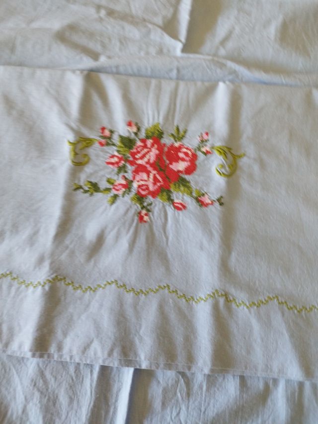 Sábana antigua bordada - Algodón azul