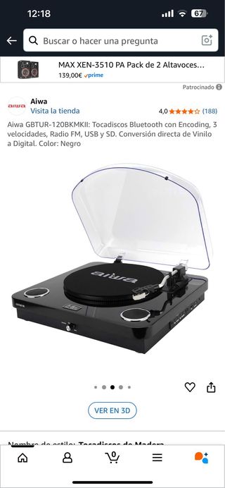Aiwa GBTUR-120BKMKII Tocadiscos Bluetooth
