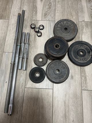 Barra olímpica + 2 mancuernas y discos 