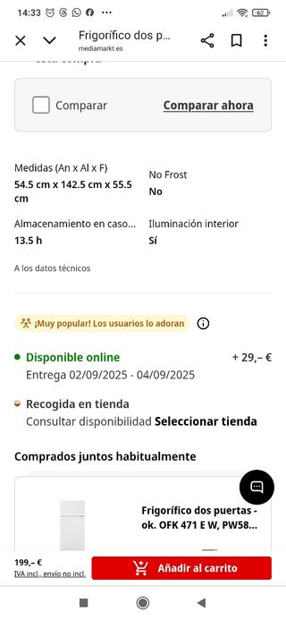 Frigorífico 2 puertas - 55.5cm fondo