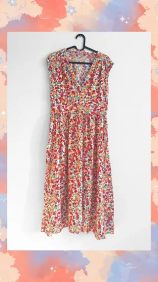 Vestido midi floral rojo-naranja