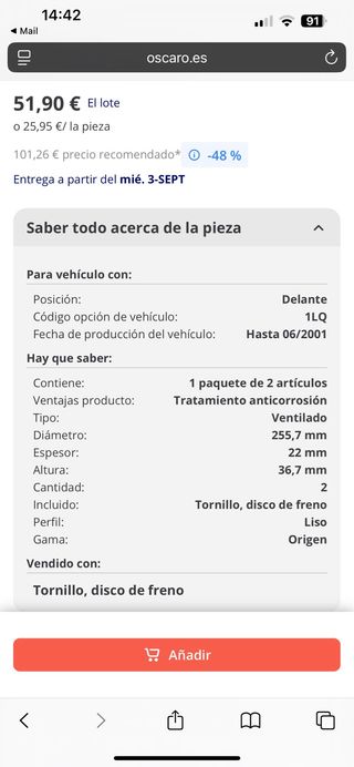 Discos freno Audi A3 - Delanteros