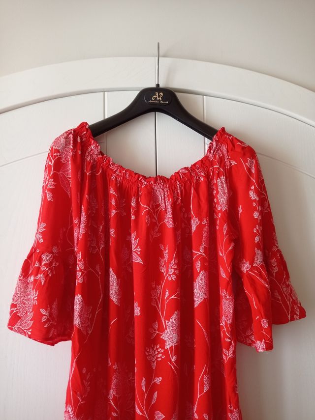 Vestito curvy rosso corallo  floreale - Tg Unica