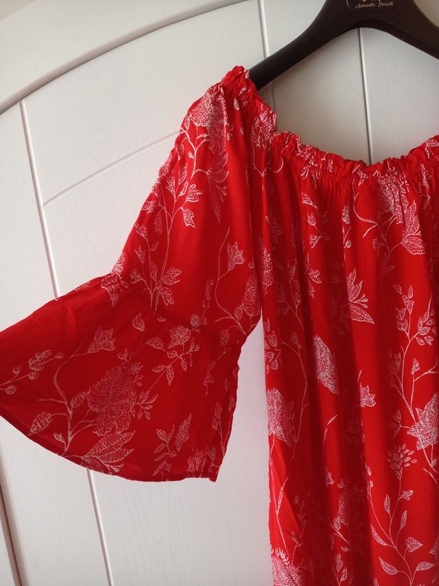 Vestito curvy rosso corallo  floreale - Tg Unica