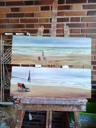 2 Quadri da spiaggia, olio su legno.