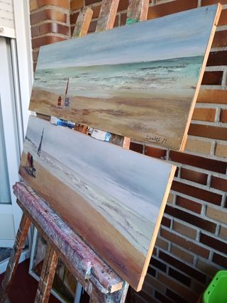 2 Quadri da spiaggia, olio su legno.