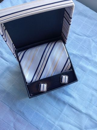 Corbata y gemelos - Azul y blanco