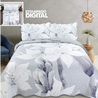 Colcha Solteiro Cinza|Branco - Estampado