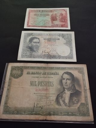 Billetes antiguos España (10, 25, 1000 pesetas)