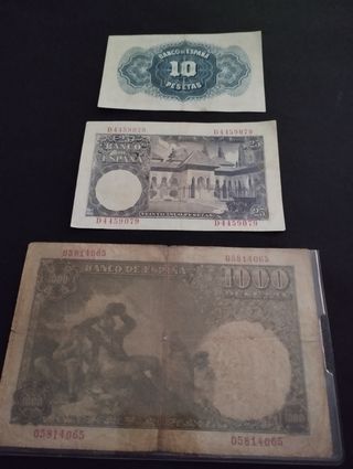 Billetes antiguos España (10, 25, 1000 pesetas)