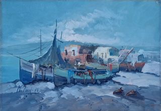 Quadro Olio Su Tela  "Paesaggio Marino Con Barche 