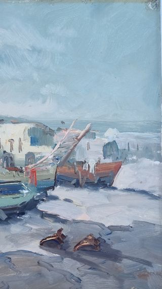 Quadro Olio Su Tela  "Paesaggio Marino Con Barche 