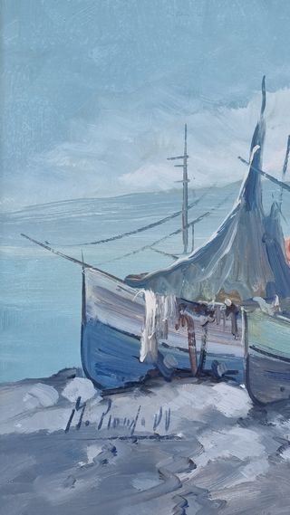 Quadro Olio Su Tela  "Paesaggio Marino Con Barche 
