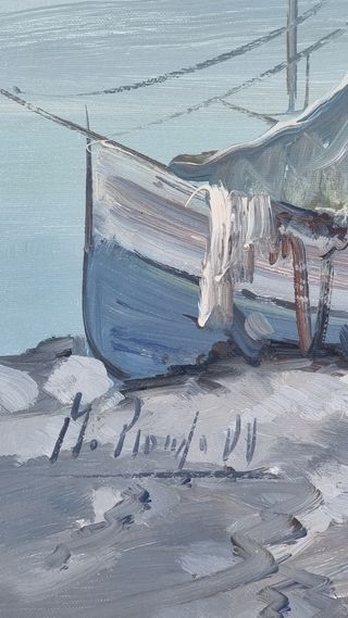 Quadro Olio Su Tela  "Paesaggio Marino Con Barche 