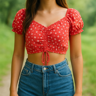 USADO-Top Bershka rojo flores - Talla M-700