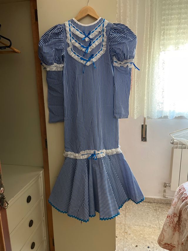 Vestido niña rayas azul blanco. largo 108 cm.