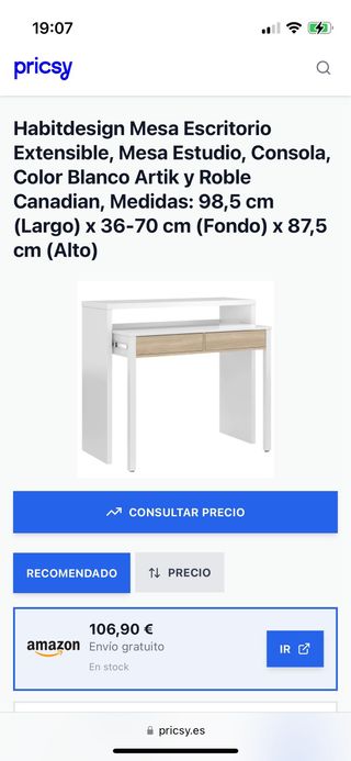 Mesa escritorio extensible blanca con 2 cajones