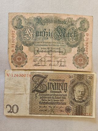 2 Billetes Alemanes antiguos (50 y 20 marcos)