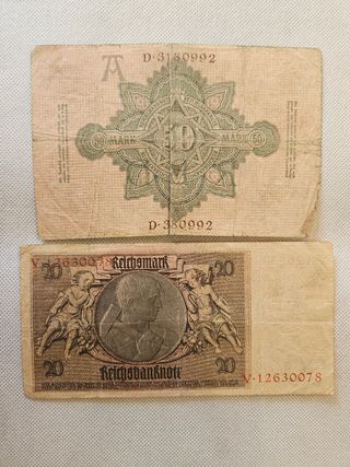 2 Billetes Alemanes antiguos (50 y 20 marcos)