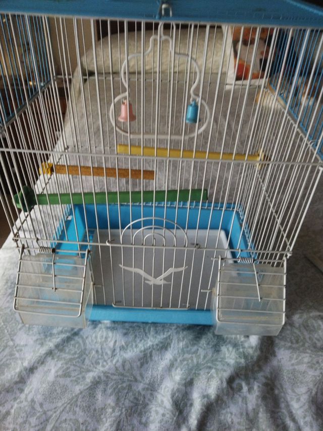 Jaula pajaros azul y blanca