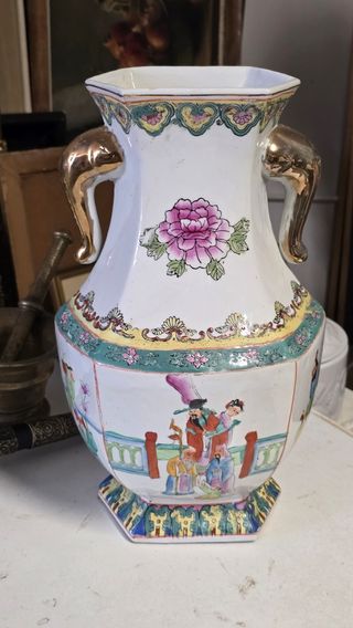 Jarrón chino porcelana familia rosa