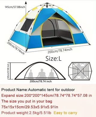 Tienda automática grande 200x200x145cm, 3, 4 pax