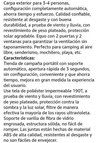 Tienda automática grande 200x200x145cm, 3, 4 pax