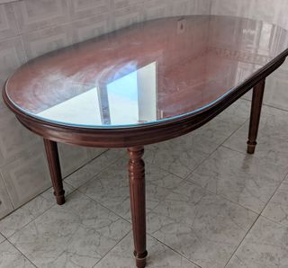 Mesa ovalada madera-cristal + tabla brasero