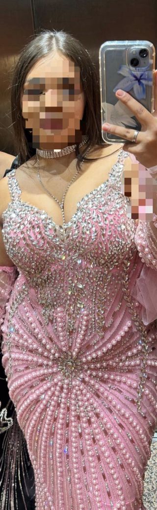 Vestido fiesta pedrería rosa