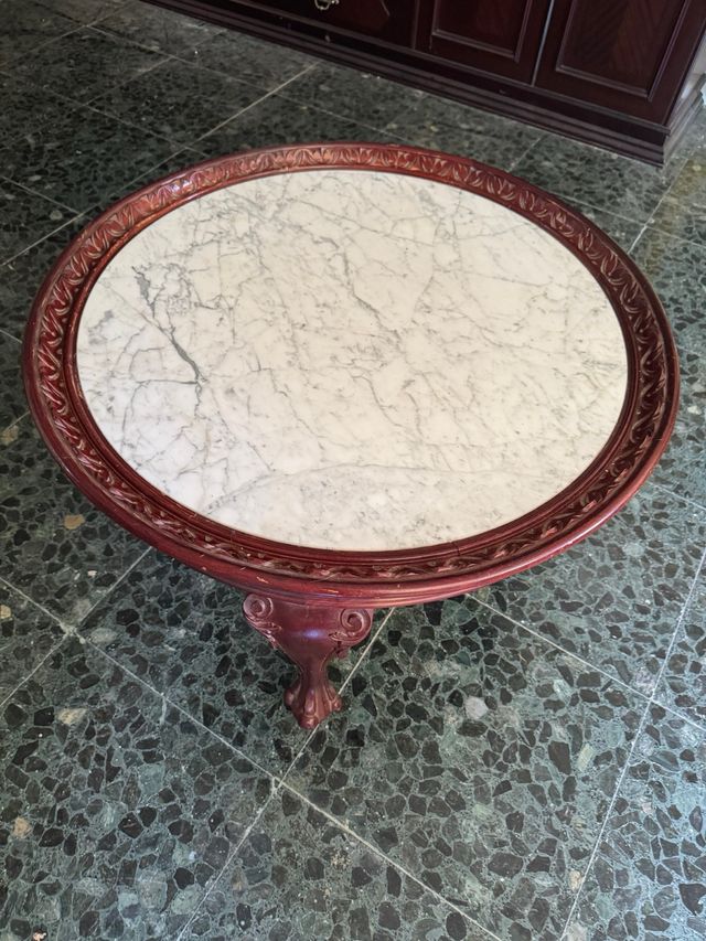 Mesa centro mármol-madera antigua