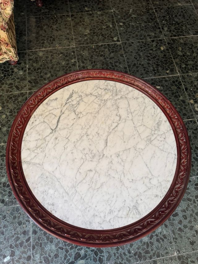 Mesa centro mármol-madera antigua