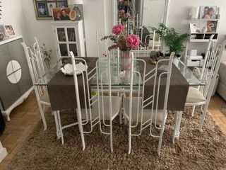 Mesa comedor cristal y metal blanca