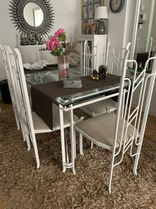 Mesa comedor cristal y metal blanca