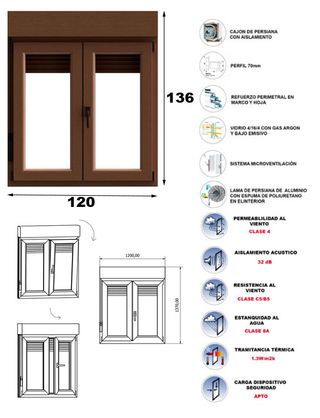Ventana PVC Roble 136x120 - 6 Cámaras